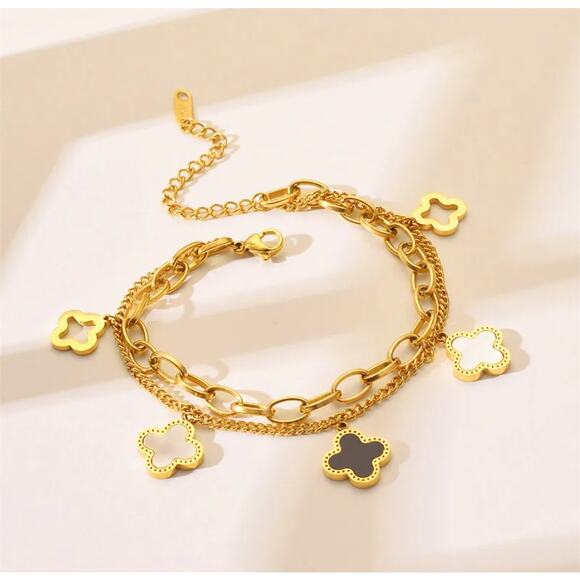 Four Leaf Clover Titanium Steel Gold Plated Double Chain Bracelet 9" - Picture 2 of 6